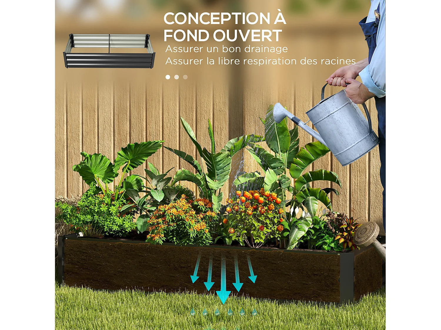 Jardinière rectangulaire carré potager dim. 150L x 70l x 30H cm acier ondulé noir