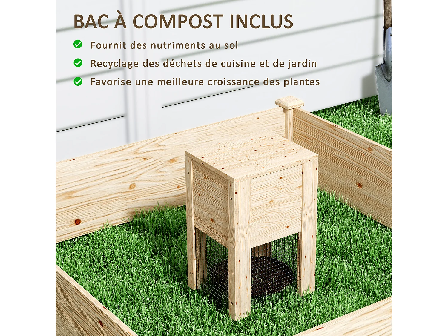 Ensemble carré potager composteur dim. totales 123 x 123 x 25,5 cm bois sapin naturel