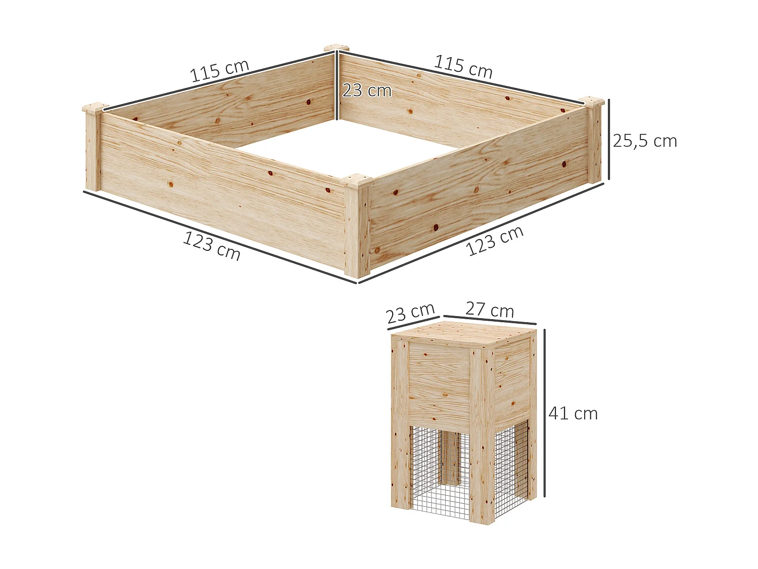 Ensemble carré potager composteur dim. totales 123 x 123 x 25,5 cm bois sapin naturel