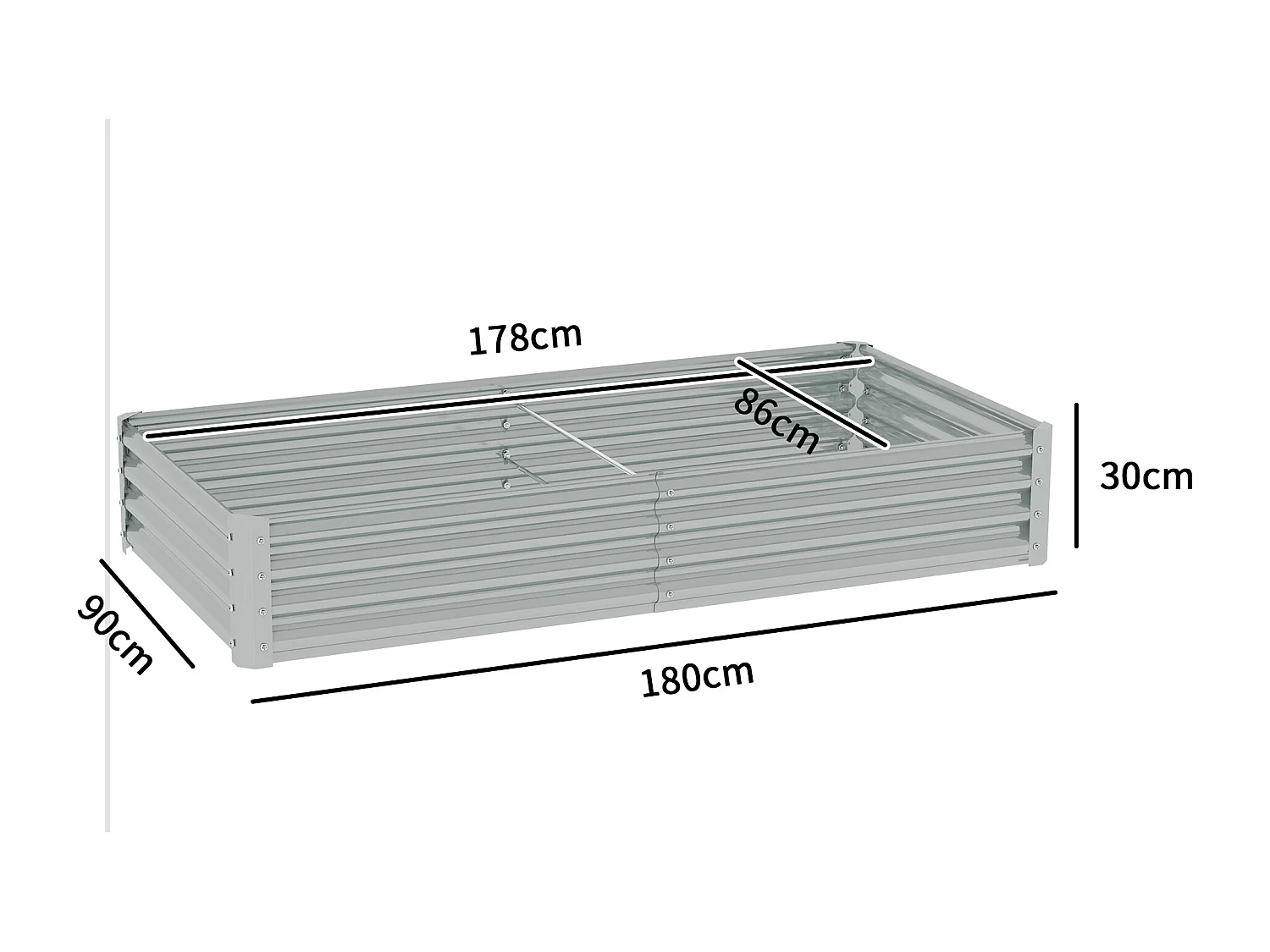 Carré potager rectangulaire dim. 180 x 90 x 30 cm acier galvanisé ondulé argenté
