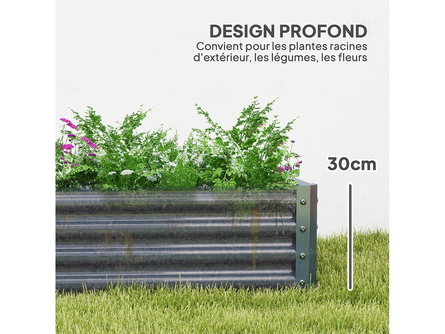 Carré potager rectangulaire dim. 180 x 90 x 30 cm acier galvanisé ondulé argenté