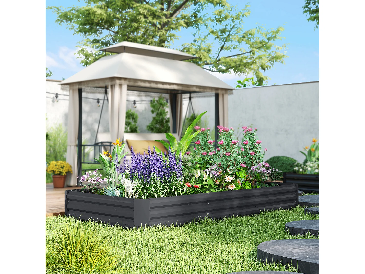 Carré potager de jardin dim. 240L x 120l x 30H cm tôle d'acier ondulée gris