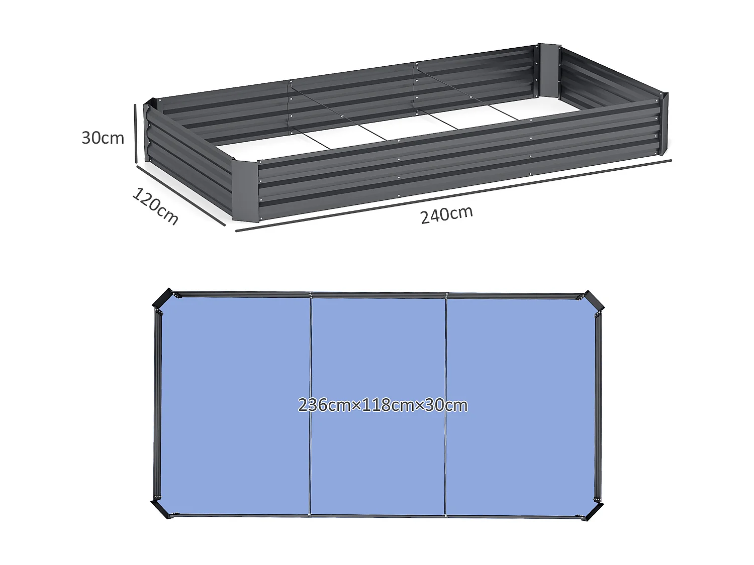 Carré potager de jardin dim. 240L x 120l x 30H cm tôle d'acier ondulée gris