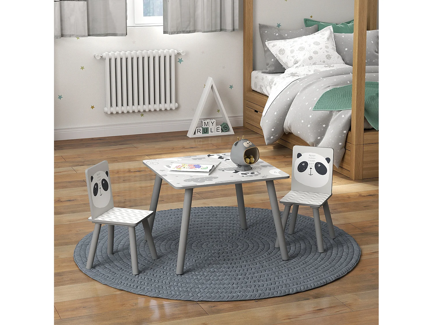 Ensemble table et chaises enfant design panda - table carrée + 2 chaises - bois pin MDF gris