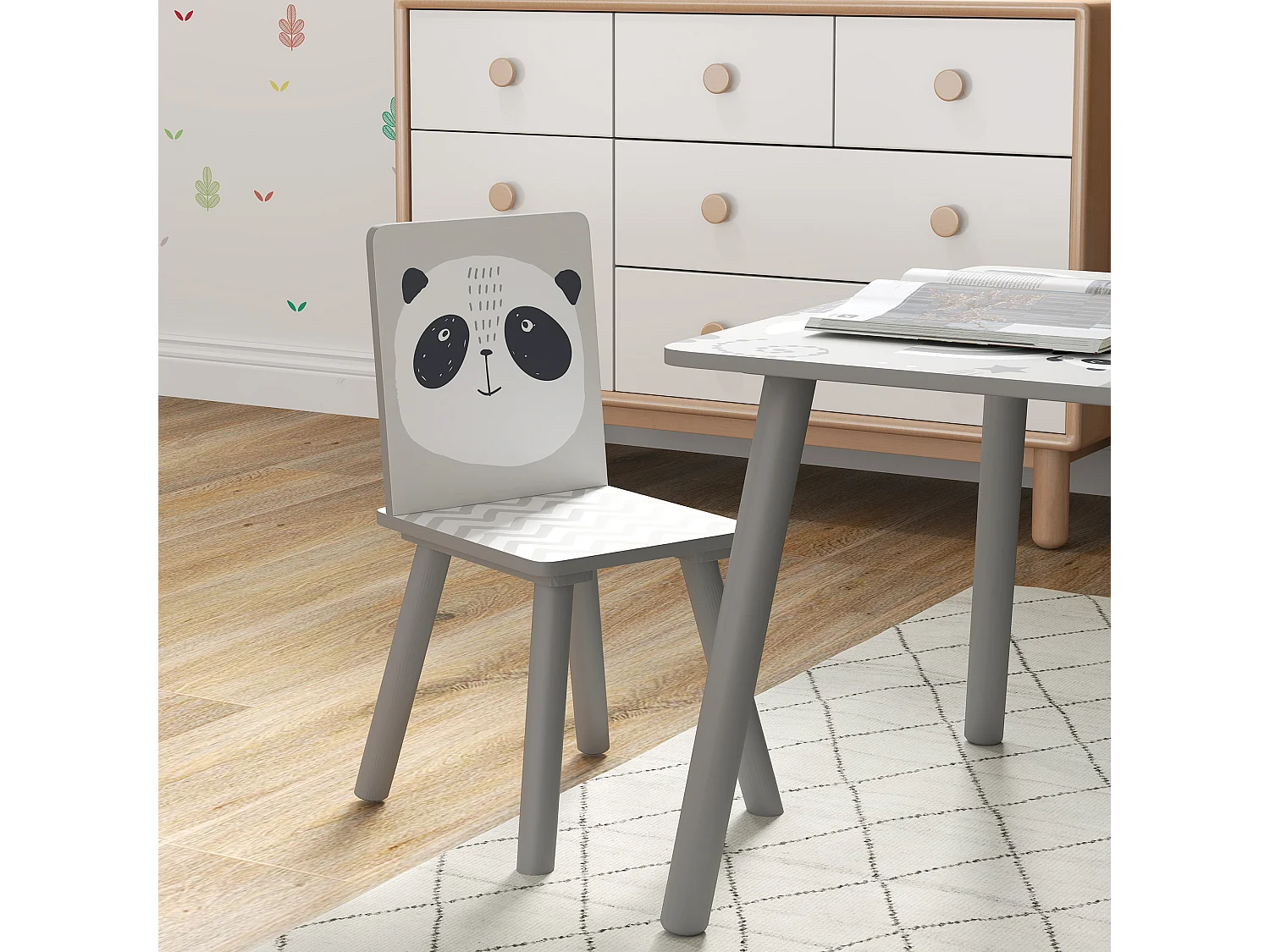 Ensemble table et chaises enfant design panda - table carrée + 2 chaises - bois pin MDF gris