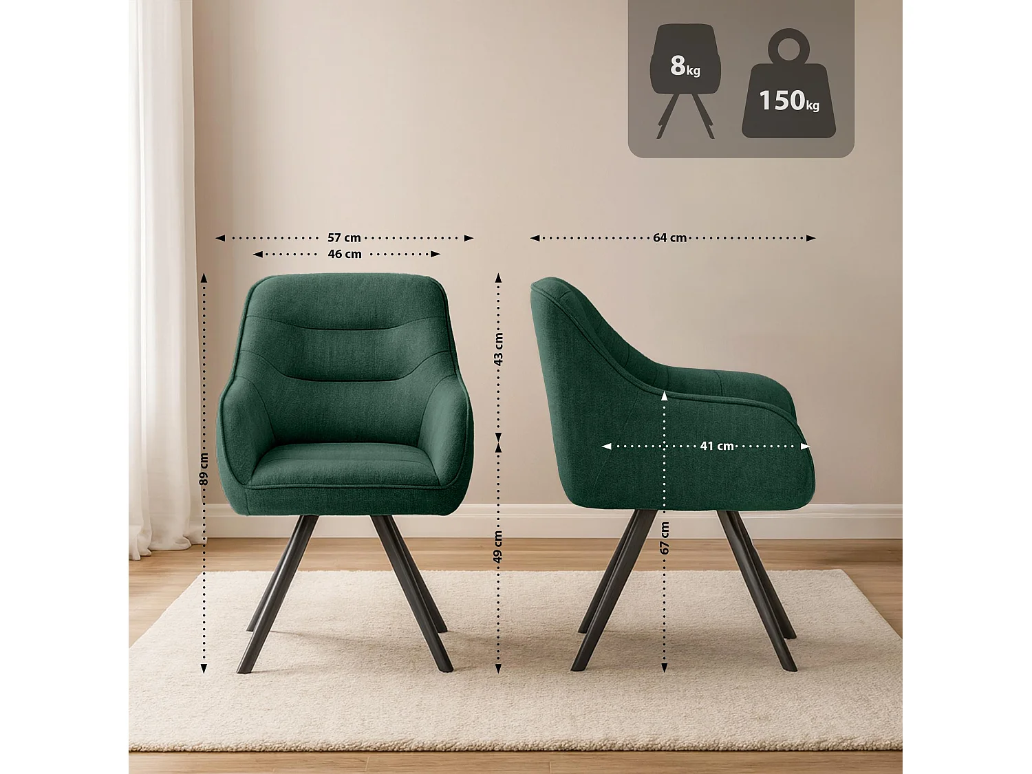 chaise salle à manger - Tissu - Vert - Pettuli