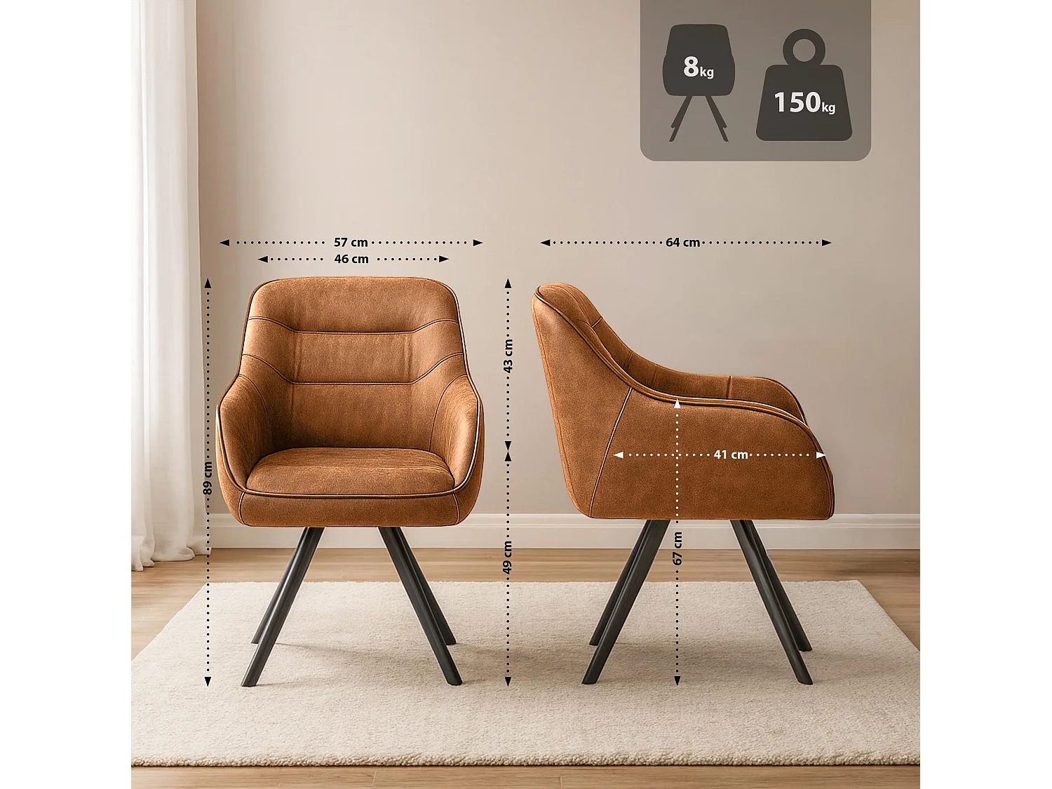 chaise salle à manger - Similicuir - Marron clair - Pettuli