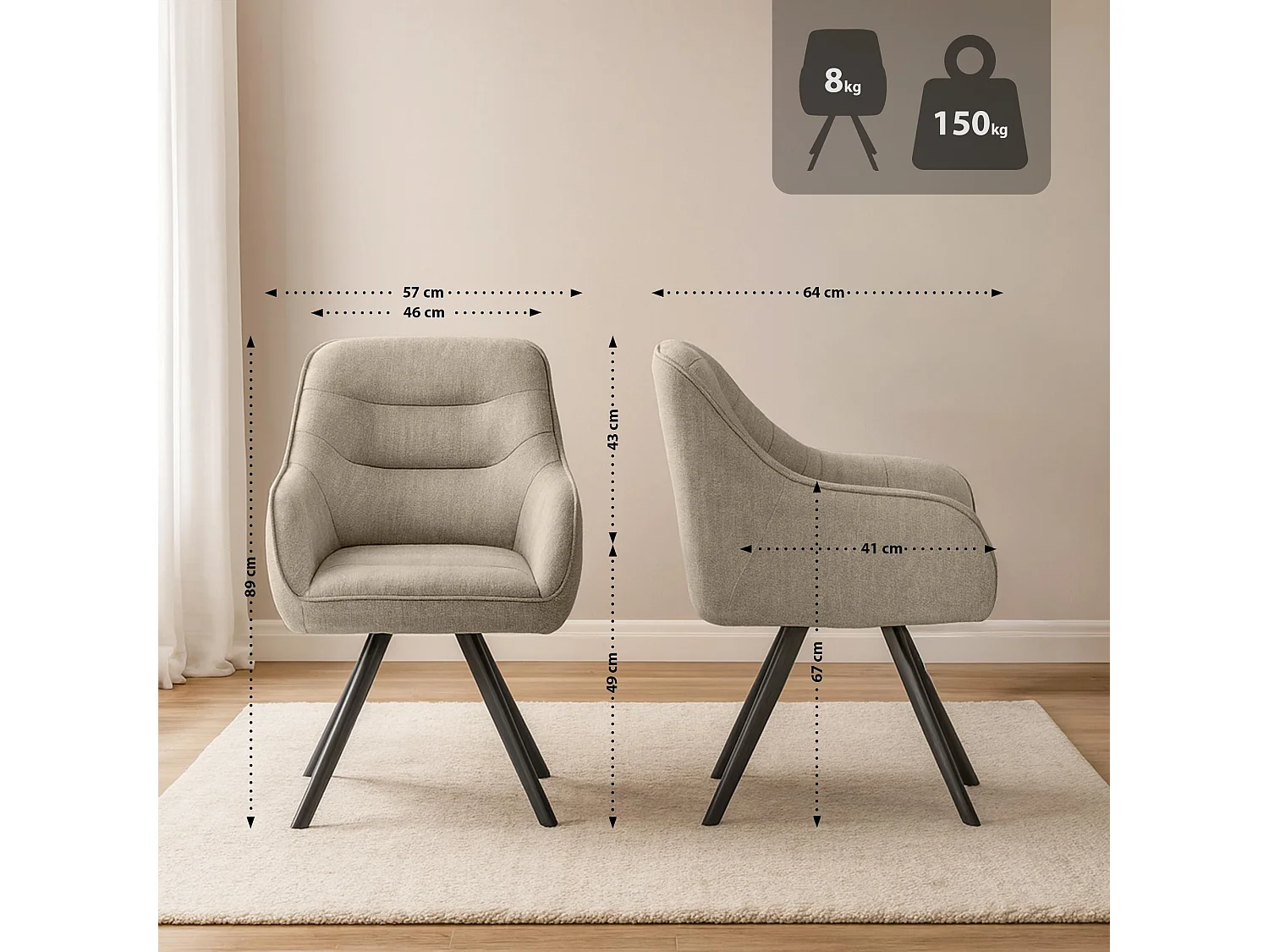 chaise salle à manger - Tissu - Taupe - Pettuli