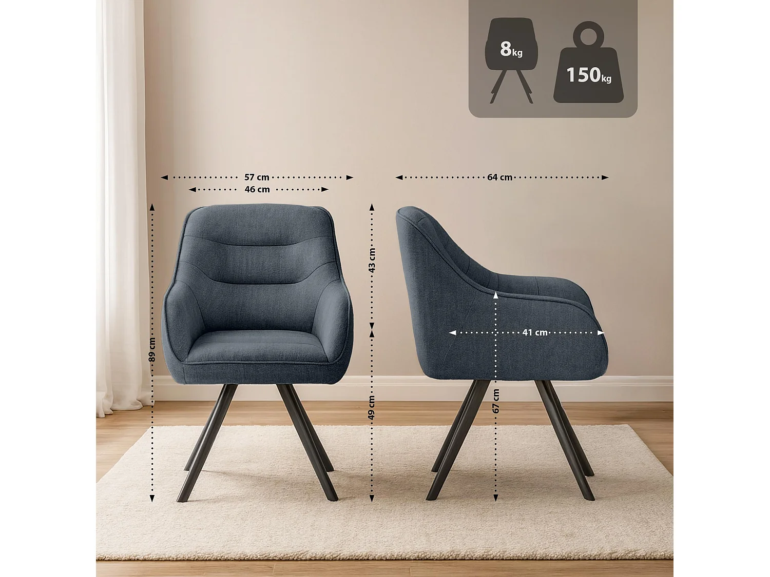 chaise salle à manger - Tissu - Gris foncé - Pettuli