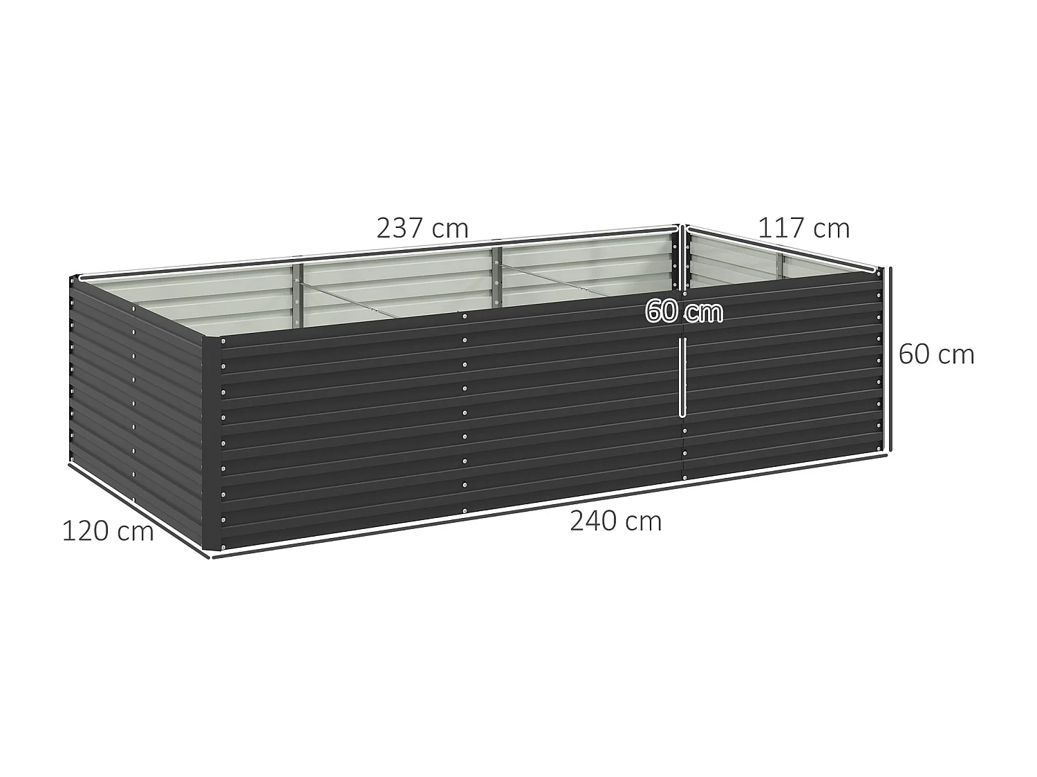 Carré potager jardinière dim. 240L x 120l x 60H cm tôle d'acier ondulée anthracite