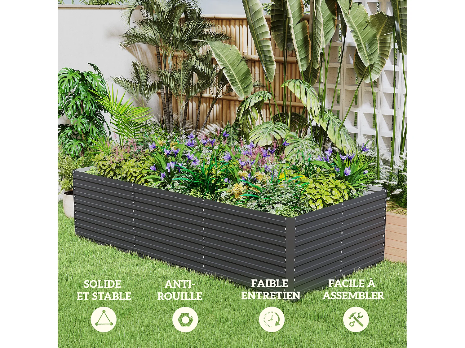 Carré potager jardinière dim. 240L x 120l x 60H cm tôle d'acier ondulée anthracite