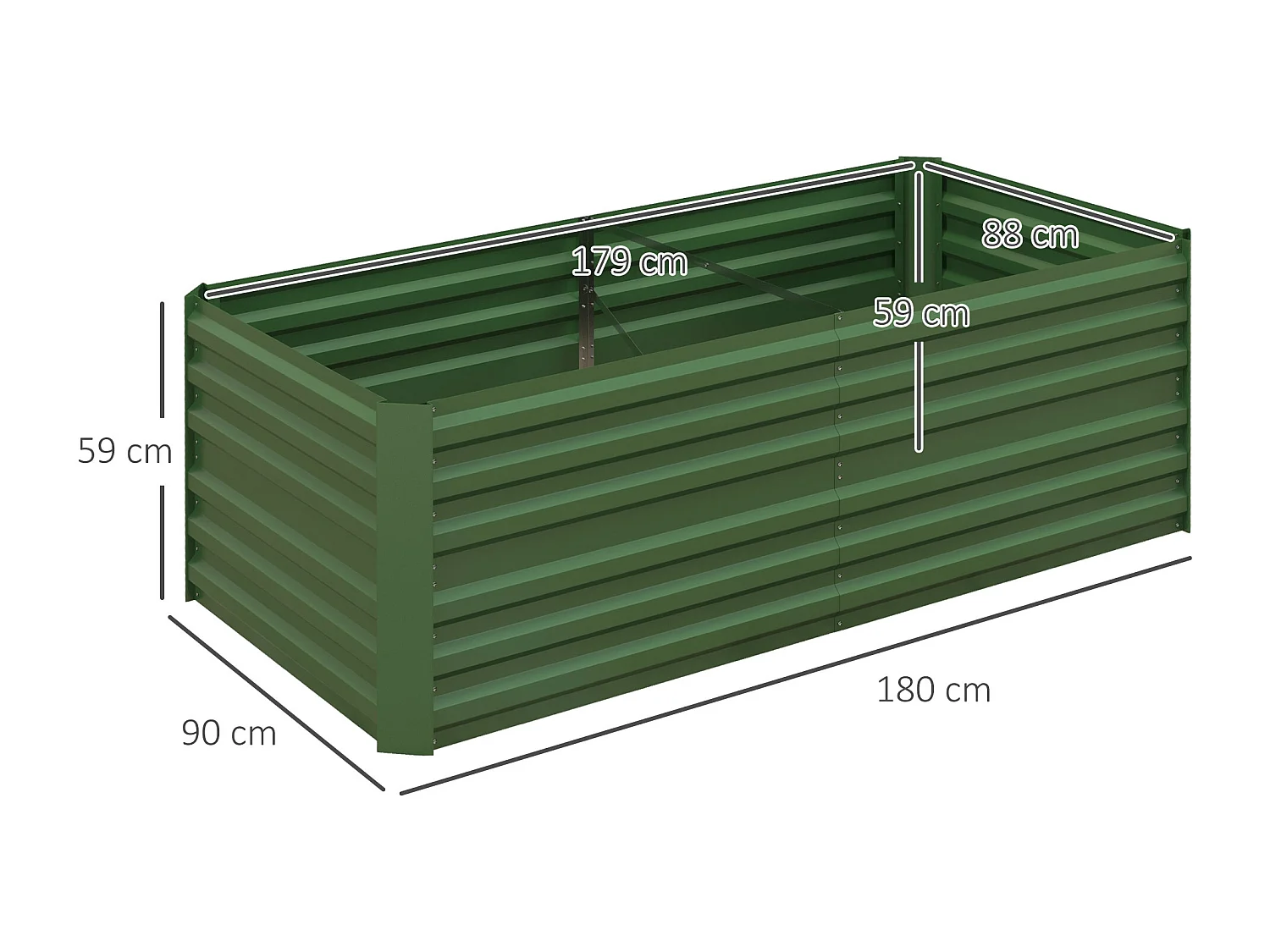Carré potager de jardin renforcé - dim. 180L x 90l x 59H cm - tôle d'acier ondulée galvanisée vert