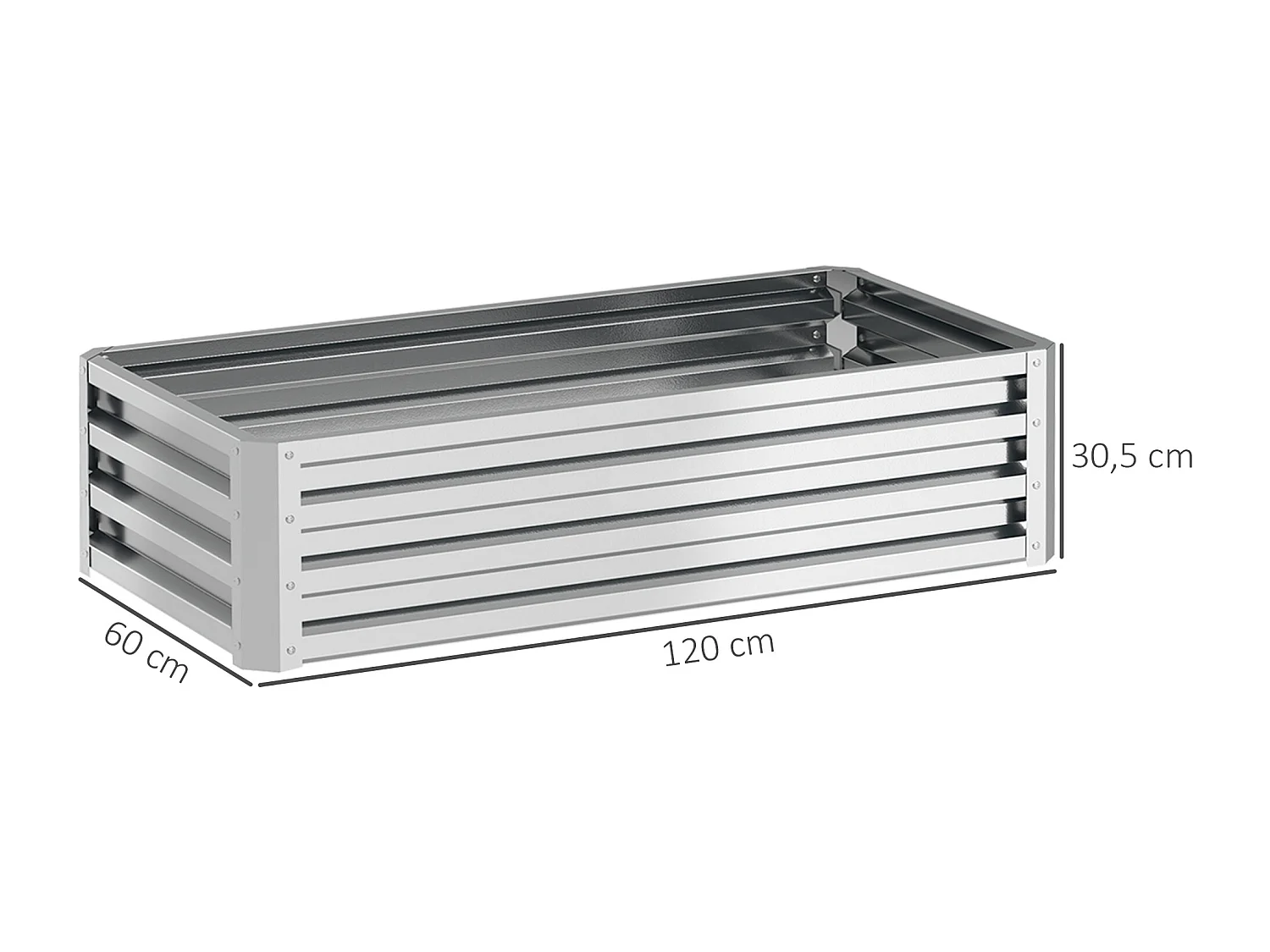 Carré potager de jardin dim. 120L x 60l x 30H cm tôle d'acier ondulée argentée
