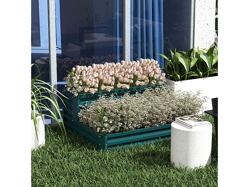Jardinière carré potager 2 étages dim. 120L x 101l x 58H cm tôle d'acier ondulée vert