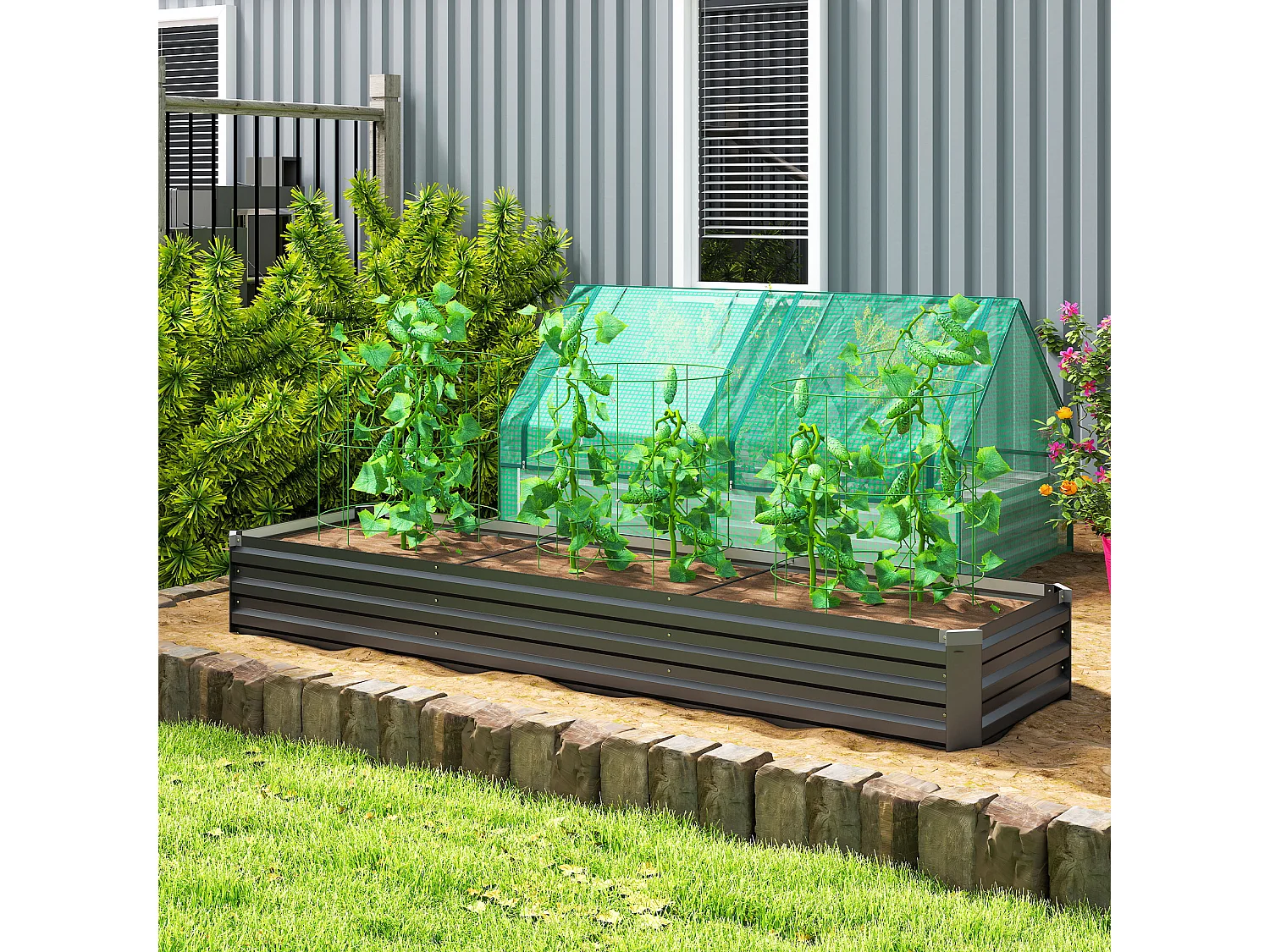 Carré potager rectangulaire dim. 240 x 60 x 30 cm tôle d'acier ondulé anthracite