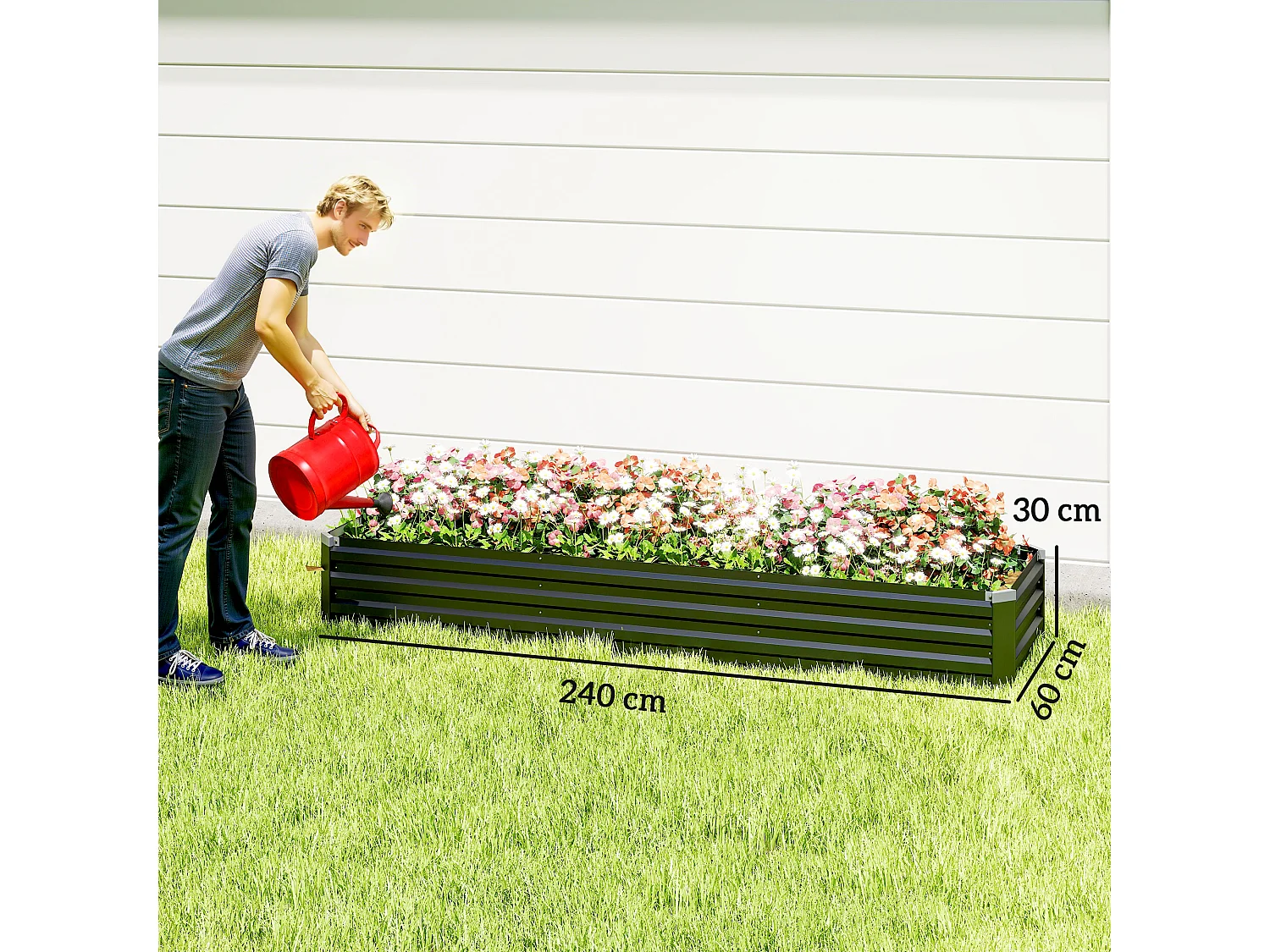 Carré potager rectangulaire dim. 240 x 60 x 30 cm tôle d'acier ondulé anthracite