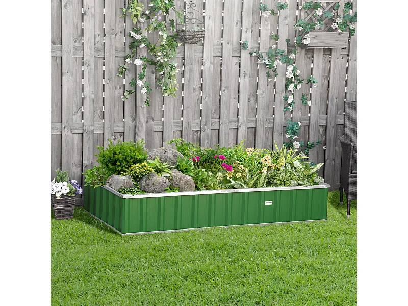 Carré potager de jardin dim. 174L x 90l x 30H cm - modulable, montage sans outils, gants fournis - tôle d'acier ondulée verte
