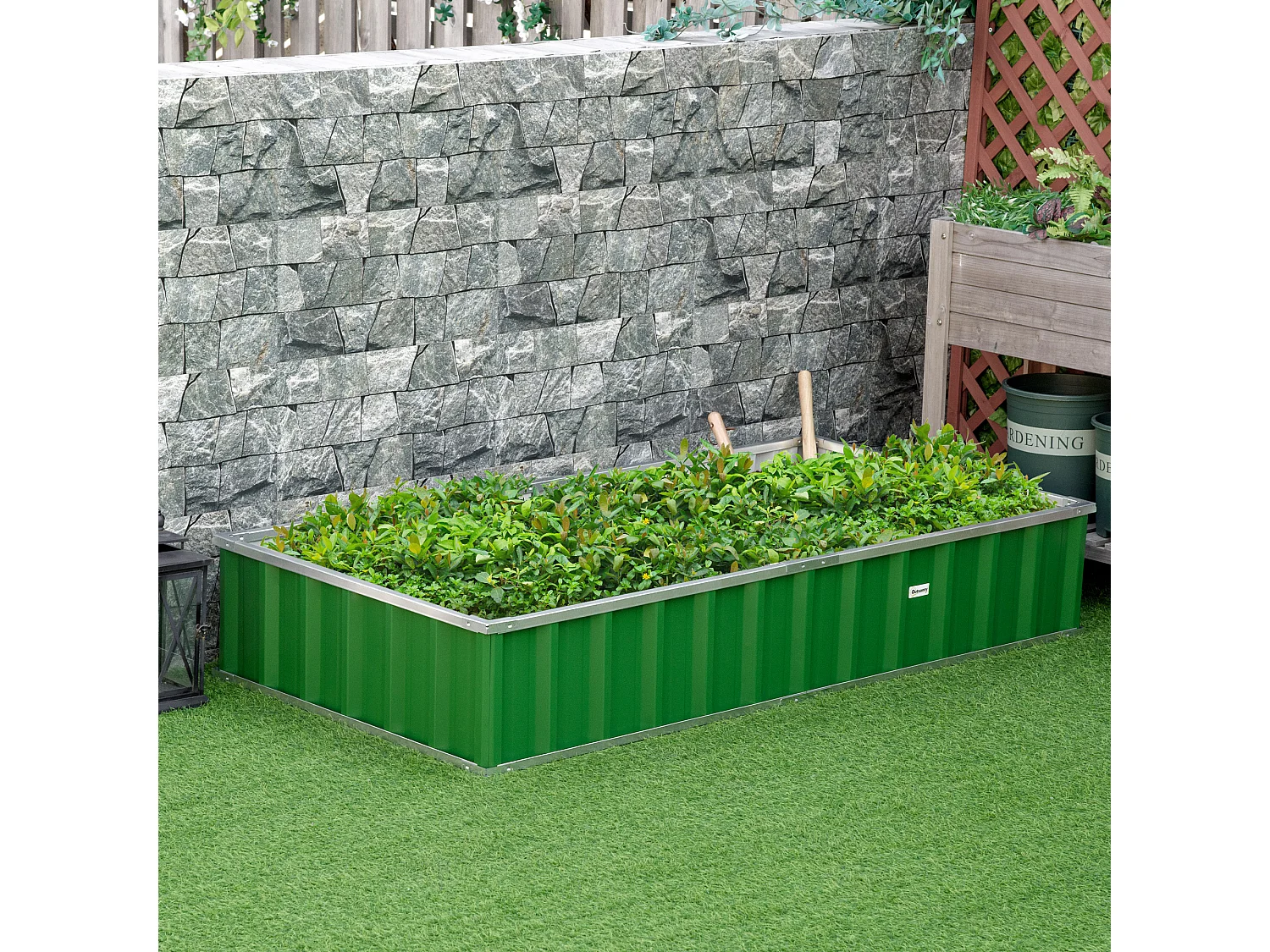 Carré potager de jardin dim. 174L x 90l x 30H cm - modulable, montage sans outils, gants fournis - tôle d'acier ondulée verte