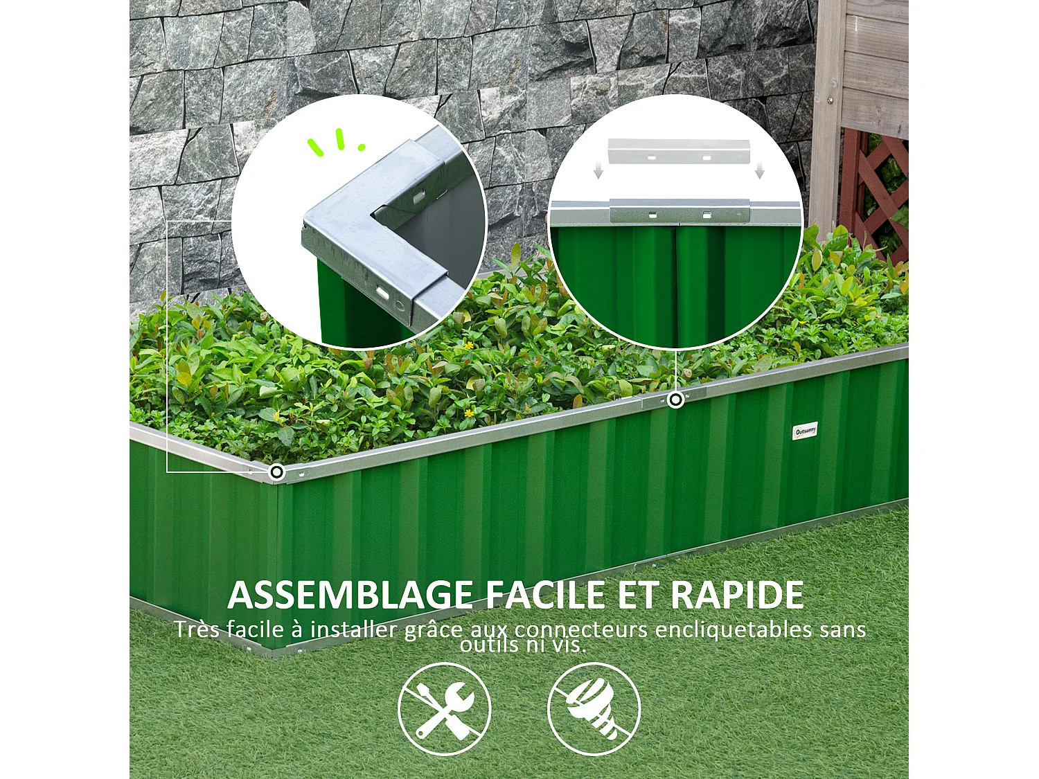 Carré potager de jardin dim. 174L x 90l x 30H cm - modulable, montage sans outils, gants fournis - tôle d'acier ondulée verte