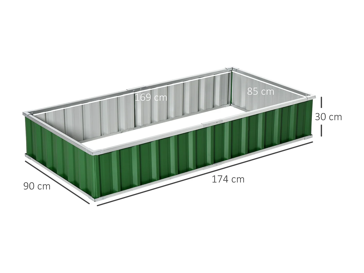 Carré potager de jardin dim. 174L x 90l x 30H cm - modulable, montage sans outils, gants fournis - tôle d'acier ondulée verte