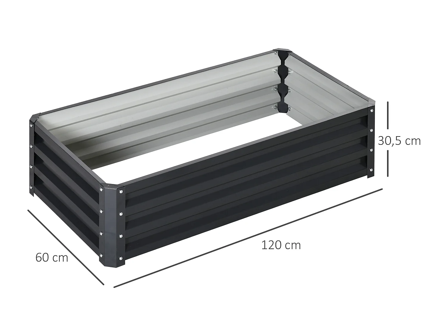 Carré potager de jardin dim. 120L x 60l x 30H cm tôle d'acier ondulée gris