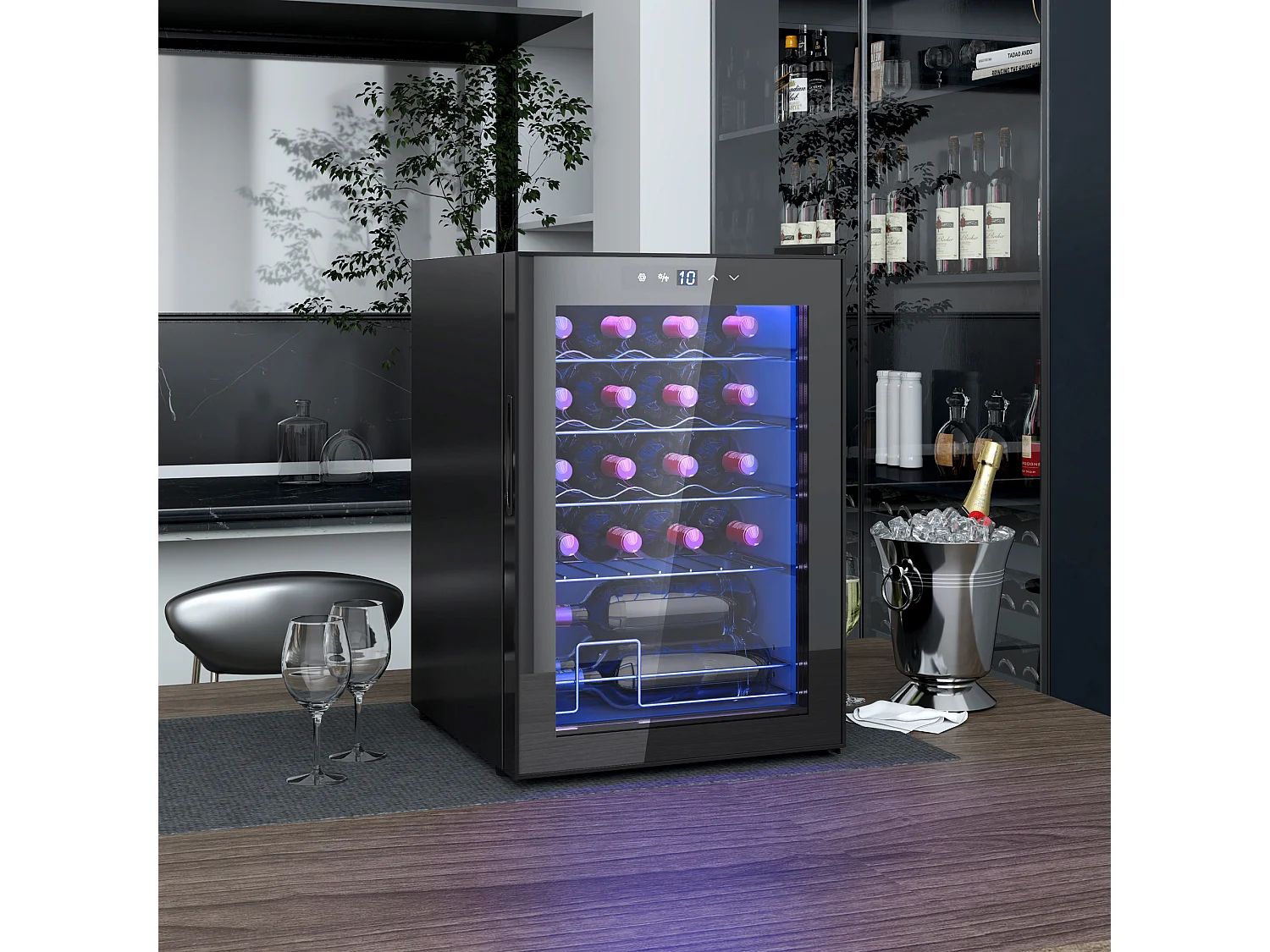 Cave à vin 20 bouteilles 53L T.5-18°C éclairage LED écran tactile numérique porte verre anti-UV noir