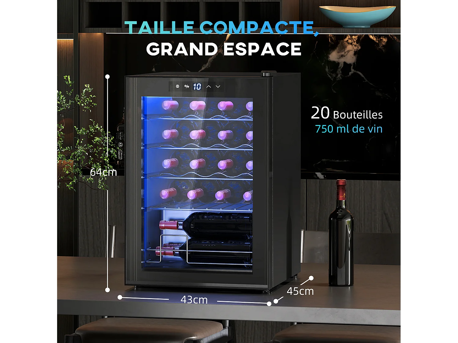 Cave à vin 20 bouteilles 53L T.5-18°C éclairage LED écran tactile numérique porte verre anti-UV noir