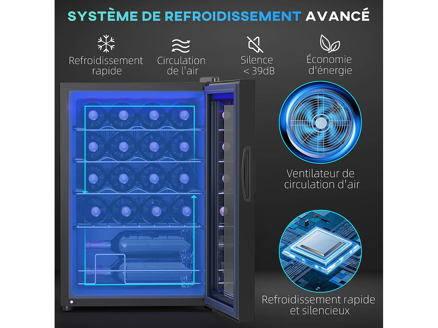 Cave à vin 20 bouteilles 53L T.5-18°C éclairage LED écran tactile numérique porte verre anti-UV noir