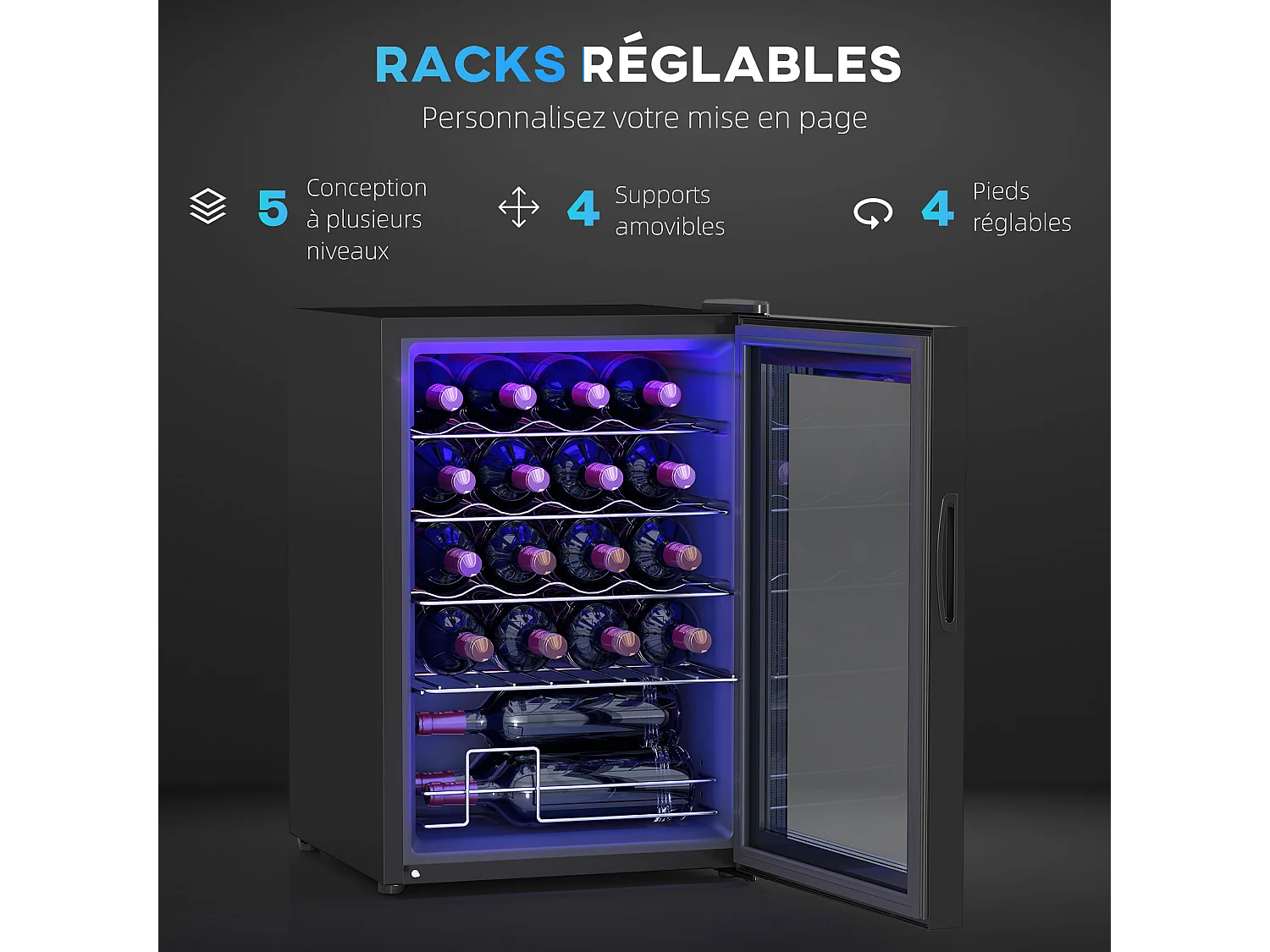 Cave à vin 20 bouteilles 53L T.5-18°C éclairage LED écran tactile numérique porte verre anti-UV noir