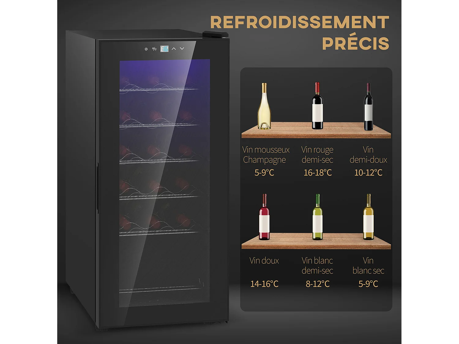Cave à vin 18 bouteilles 50L - étagères réglables, éclairage LED, écran tactile numérique, 5-18°C - noir