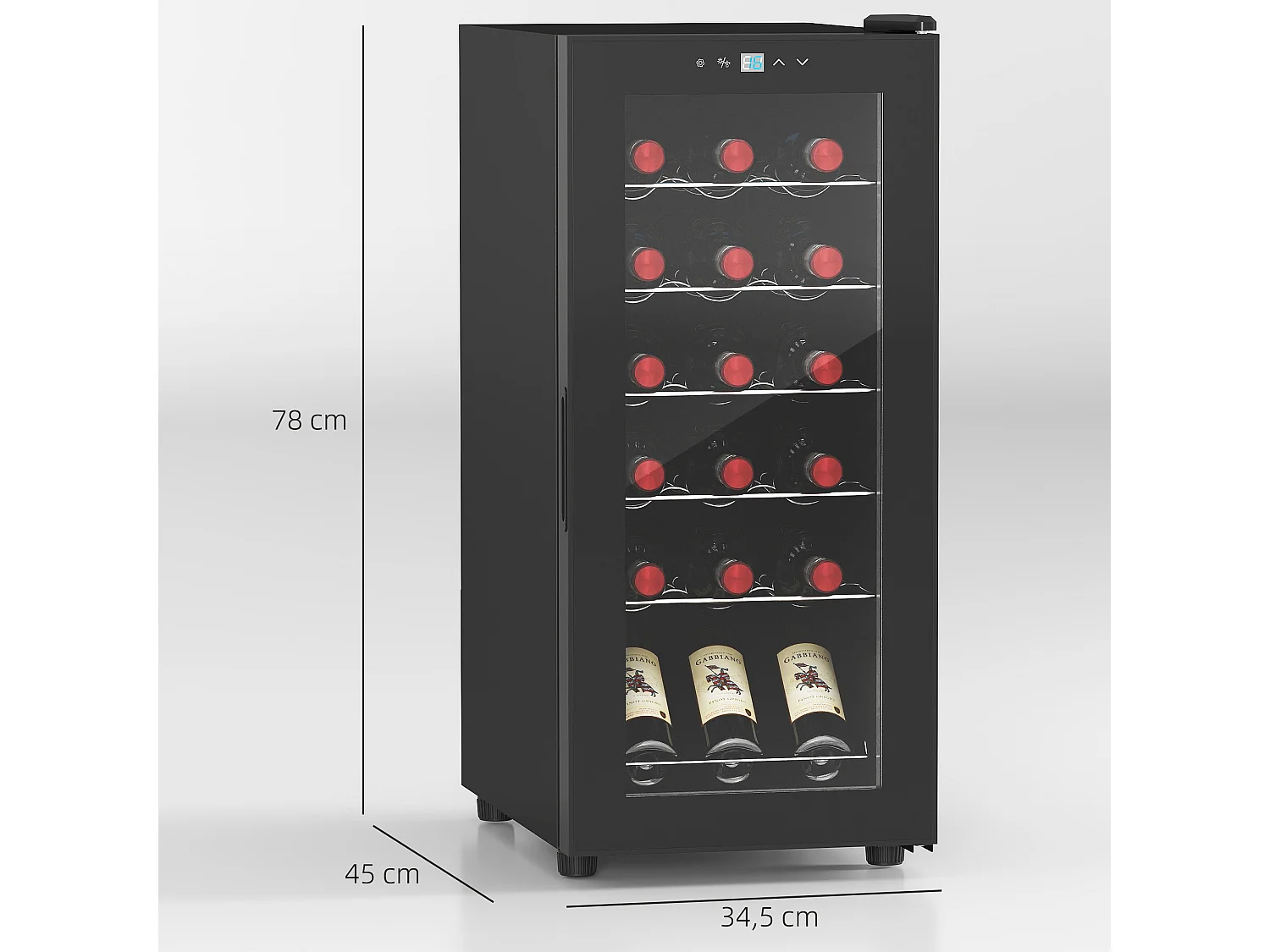 Cave à vin 18 bouteilles 50L - étagères réglables, éclairage LED, écran tactile numérique, 5-18°C - noir