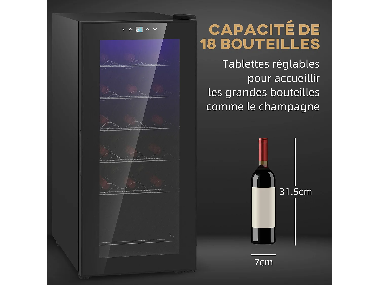 Cave à vin 18 bouteilles 50L - étagères réglables, éclairage LED, écran tactile numérique, 5-18°C - noir
