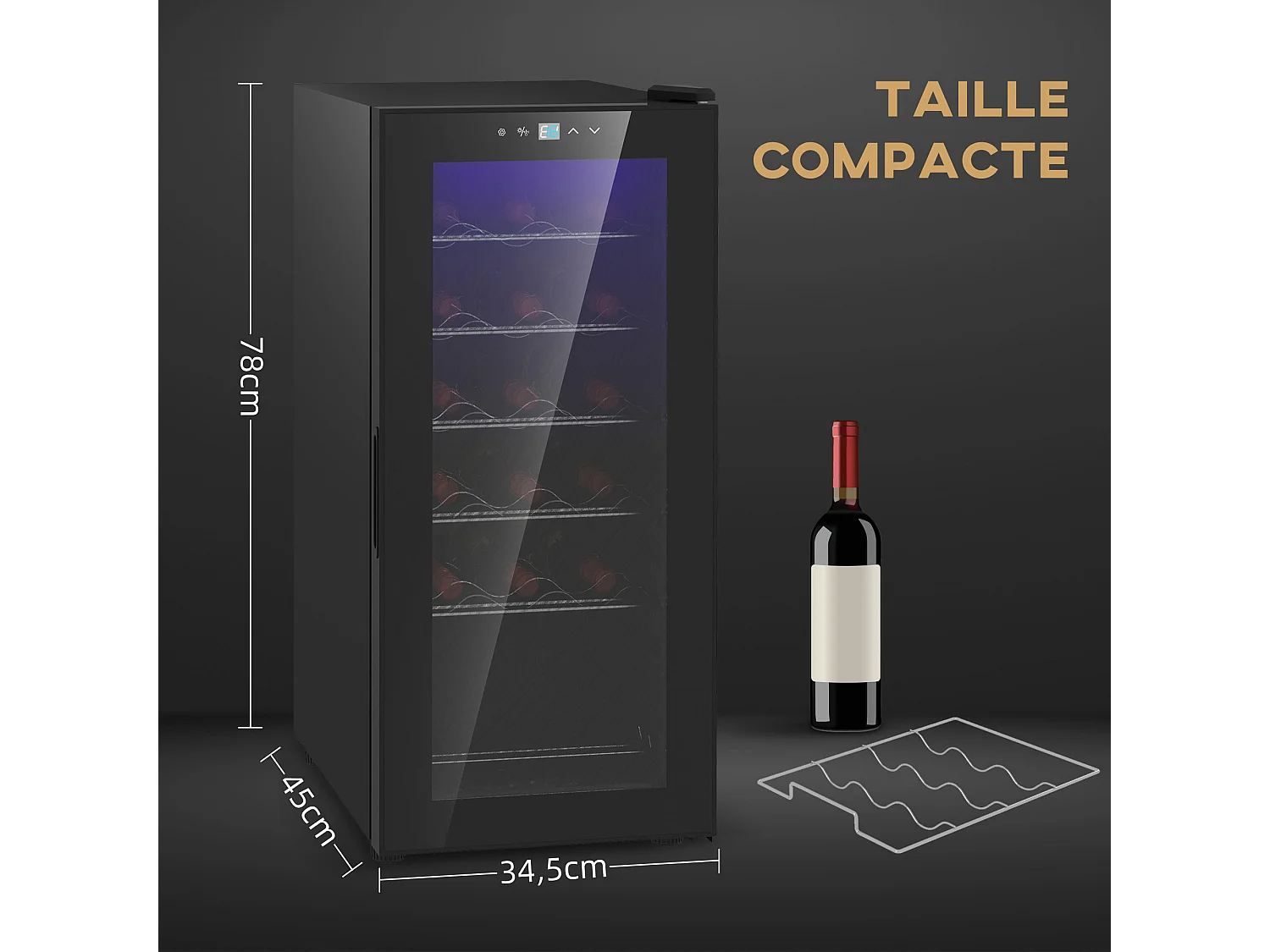 Cave à vin 18 bouteilles 50L - étagères réglables, éclairage LED, écran tactile numérique, 5-18°C - noir