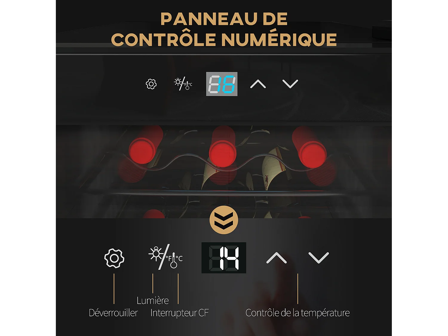 Cave à vin 18 bouteilles 50L - étagères réglables, éclairage LED, écran tactile numérique, 5-18°C - noir