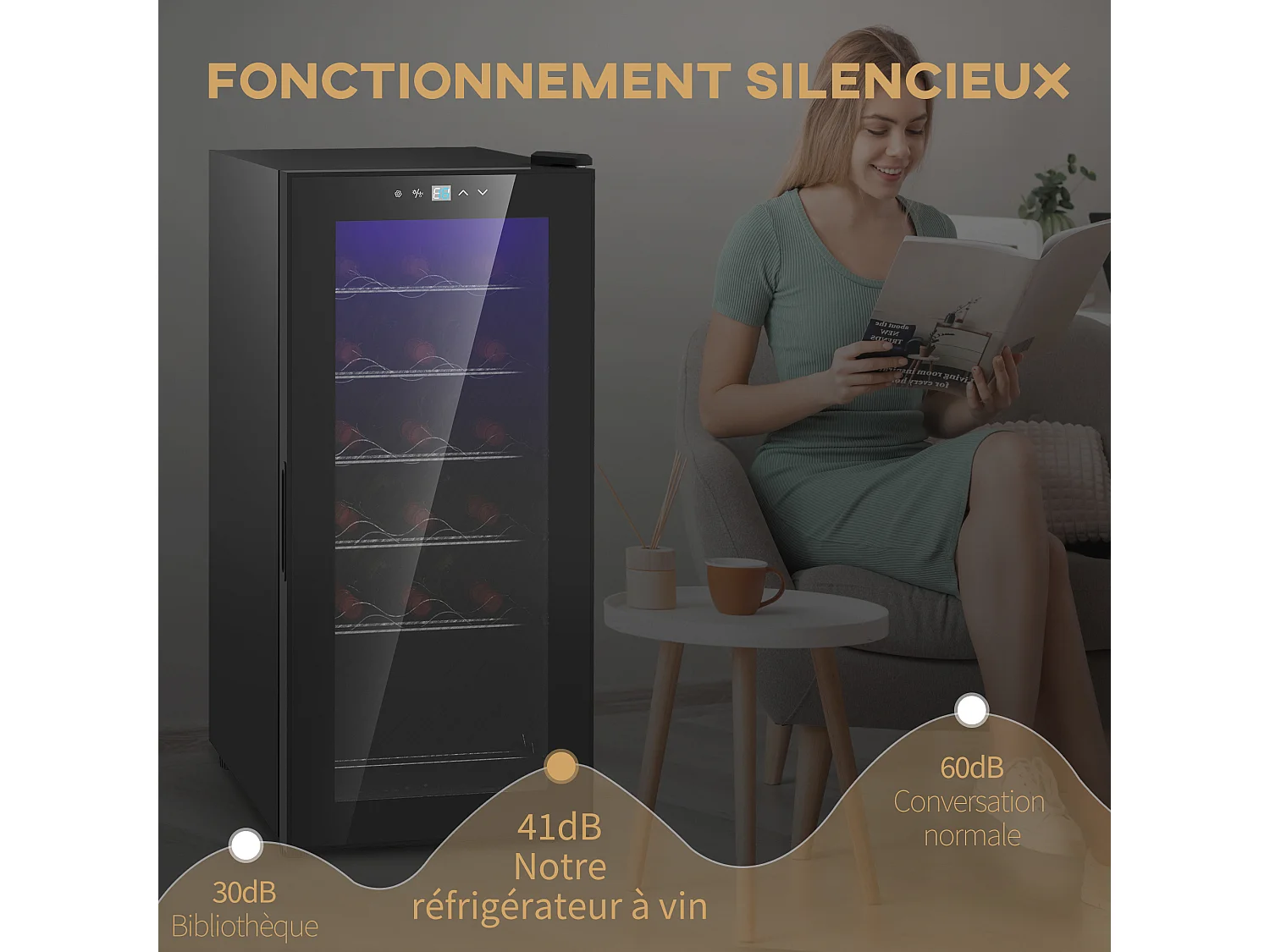 Cave à vin 18 bouteilles 50L - étagères réglables, éclairage LED, écran tactile numérique, 5-18°C - noir