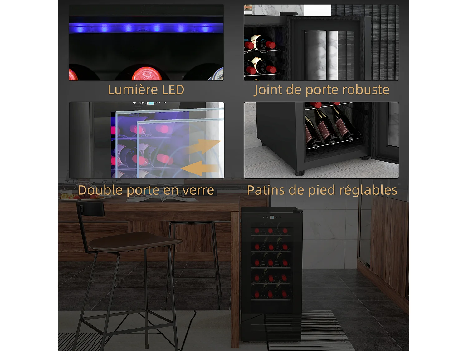 Cave à vin 18 bouteilles 50L - étagères réglables, éclairage LED, écran tactile numérique, 5-18°C - noir