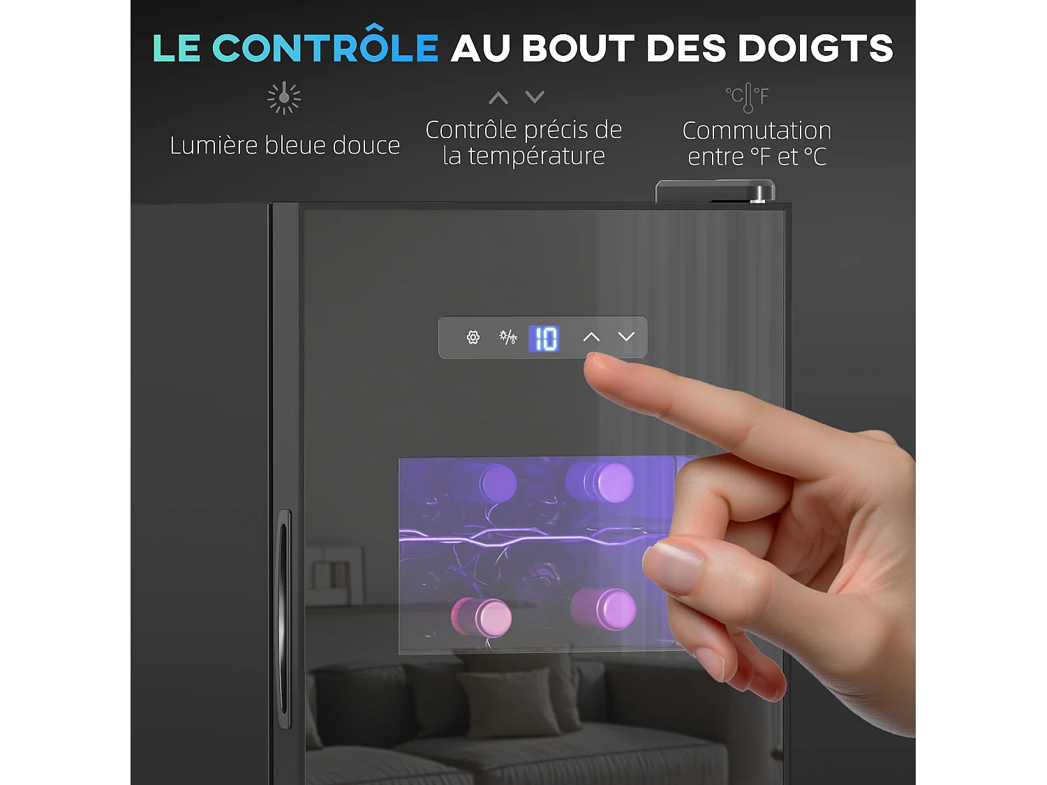 Cave à vin 15 bouteilles 39L T.5-18°C éclairage LED écran tactile numérique porte verre anti-UV noir