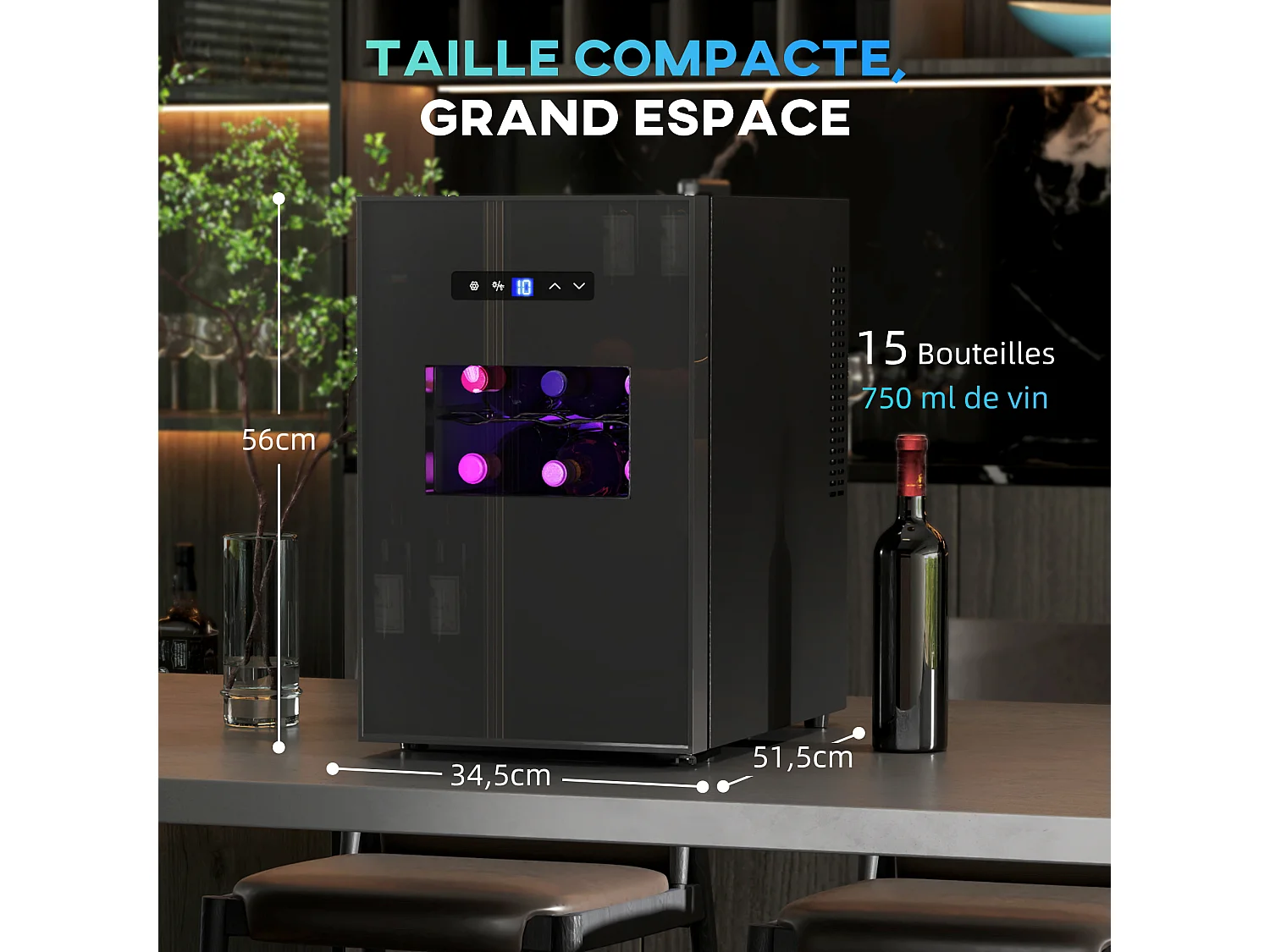 Cave à vin 15 bouteilles 39L T.5-18°C éclairage LED écran tactile numérique porte verre anti-UV noir
