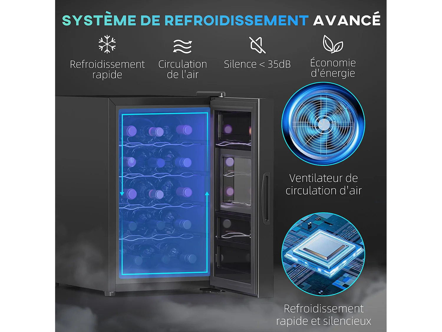 Cave à vin 15 bouteilles 39L T.5-18°C éclairage LED écran tactile numérique porte verre anti-UV noir