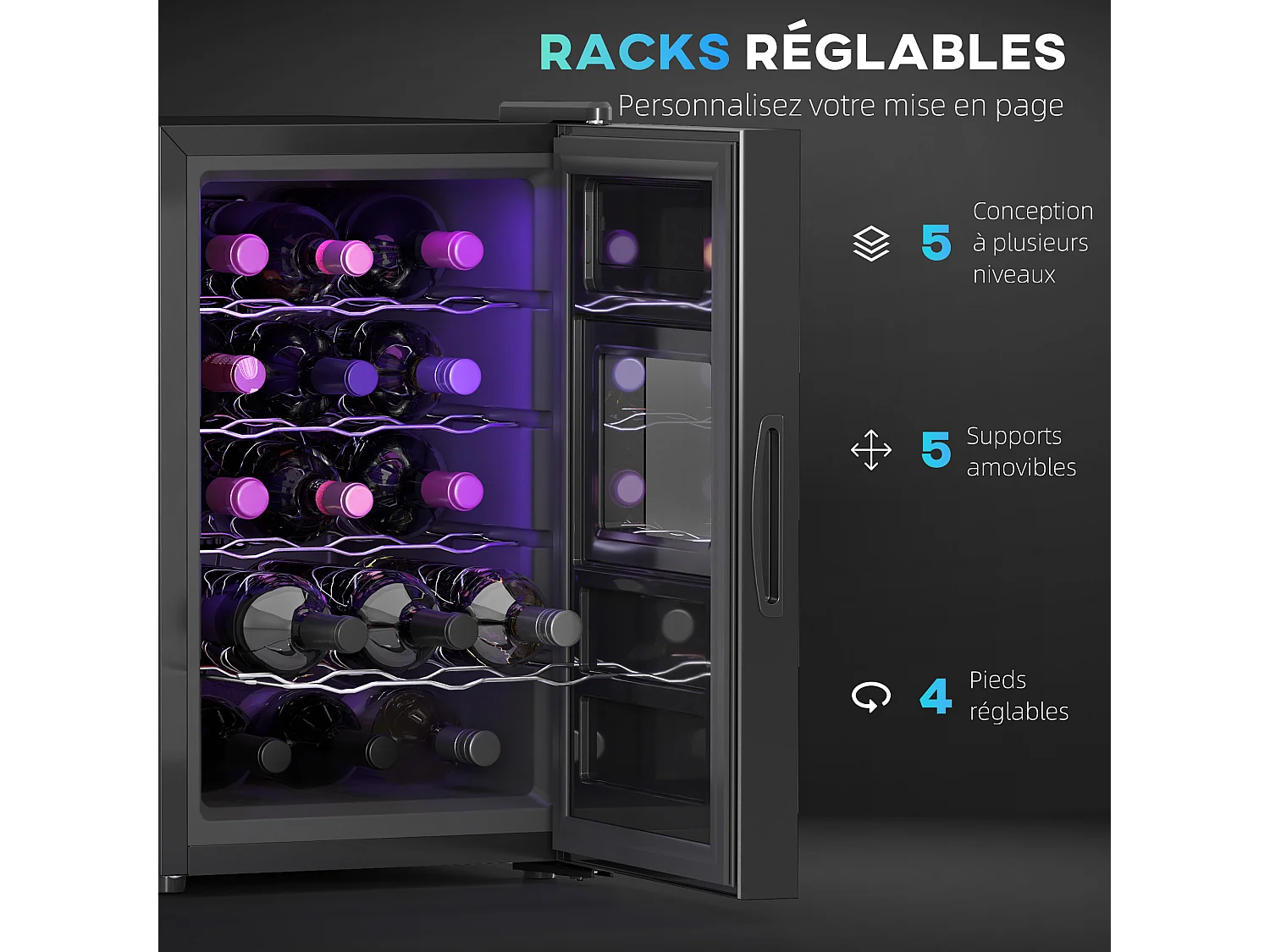 Cave à vin 15 bouteilles 39L T.5-18°C éclairage LED écran tactile numérique porte verre anti-UV noir