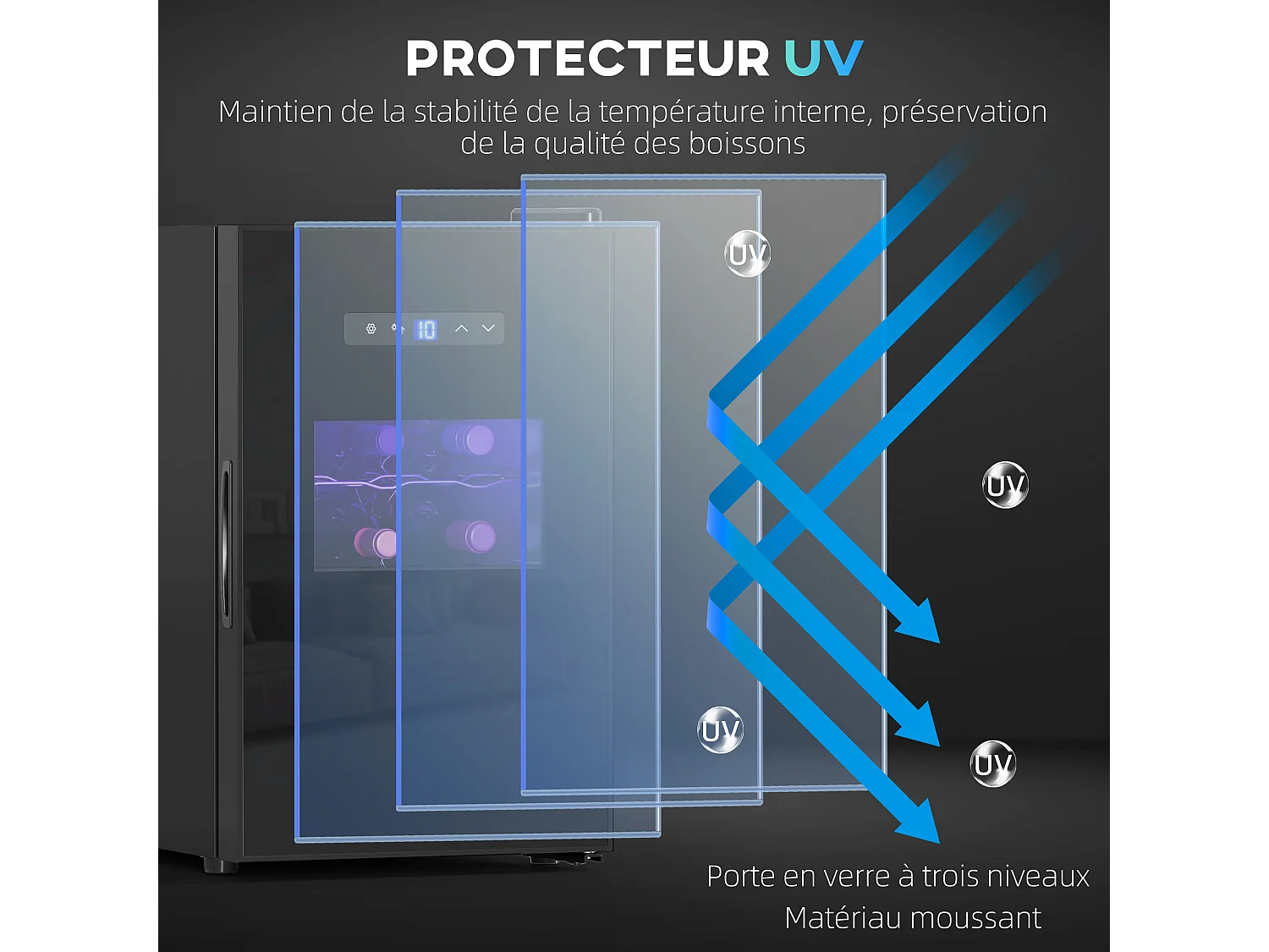 Cave à vin 15 bouteilles 39L T.5-18°C éclairage LED écran tactile numérique porte verre anti-UV noir