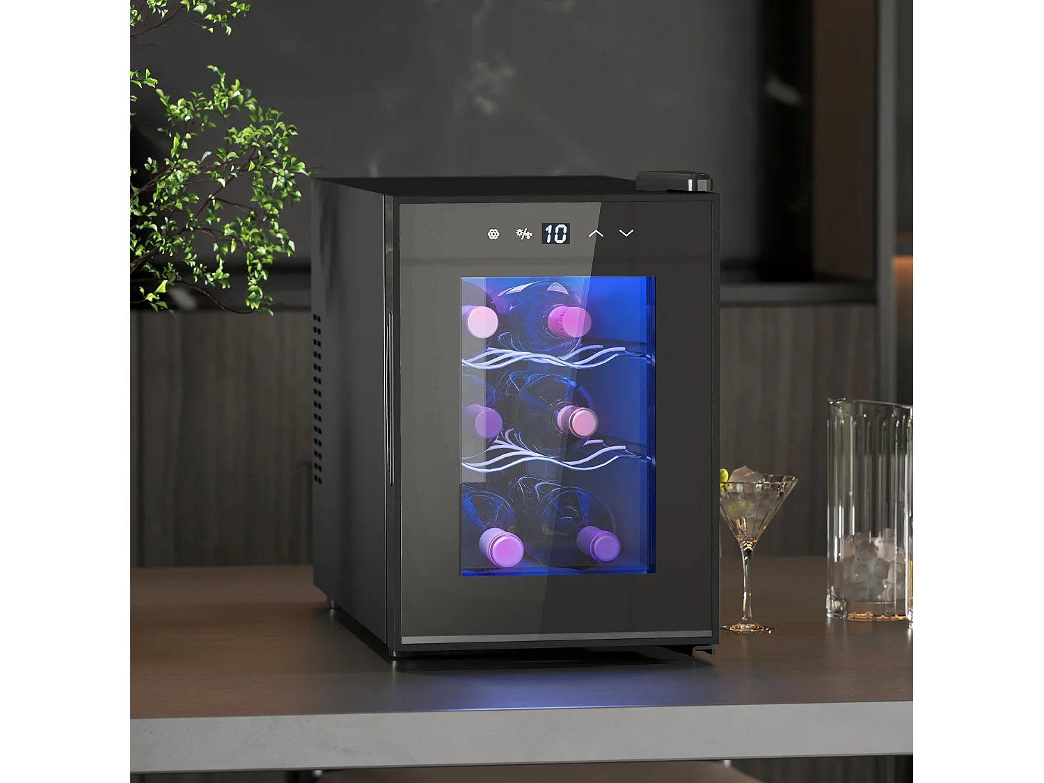 Mini cave à vin 6 bouteilles 17L T.5-18°C éclairage LED écran tactile numérique porte verre anti-UV noir
