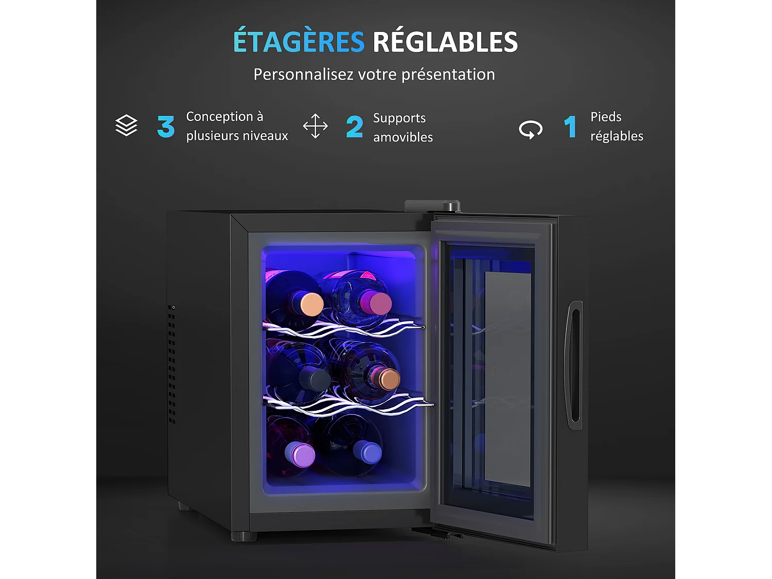 Mini cave à vin 6 bouteilles 17L T.5-18°C éclairage LED écran tactile numérique porte verre anti-UV noir