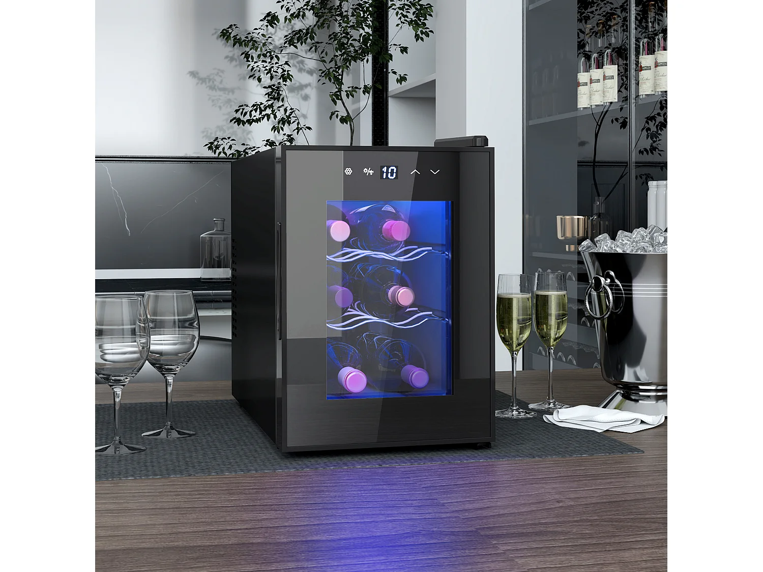 Mini cave à vin 6 bouteilles 17L T.5-18°C éclairage LED écran tactile numérique porte verre anti-UV noir
