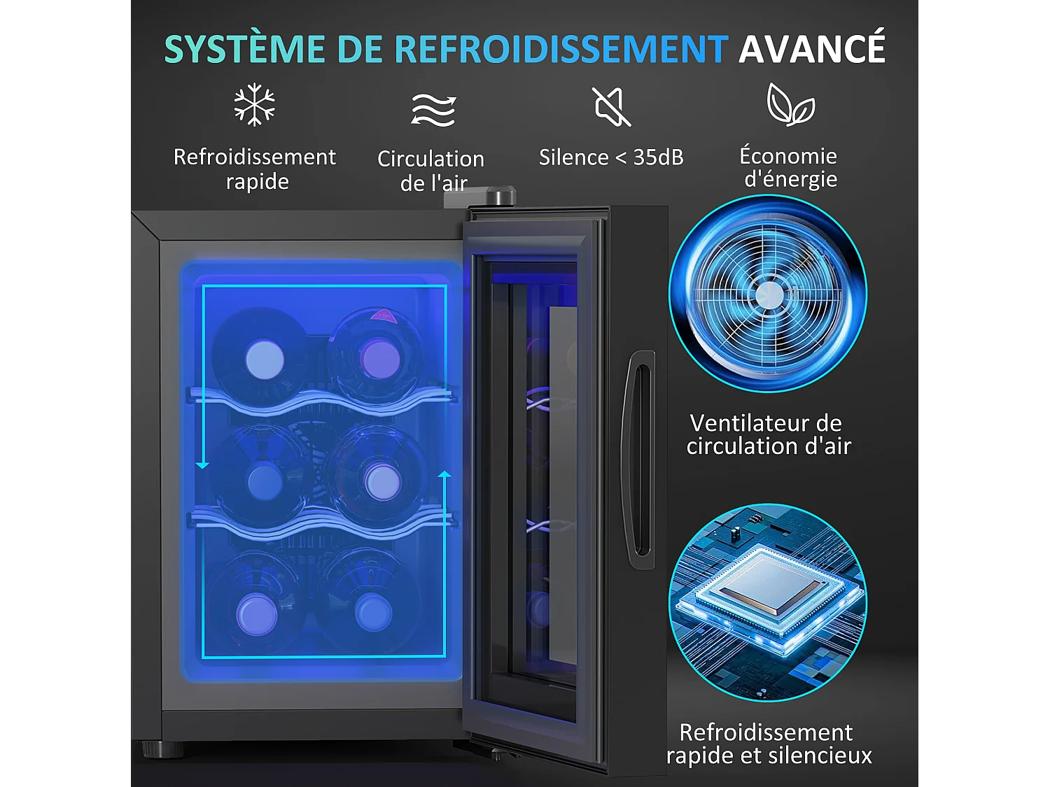 Mini cave à vin 6 bouteilles 17L T.5-18°C éclairage LED écran tactile numérique porte verre anti-UV noir