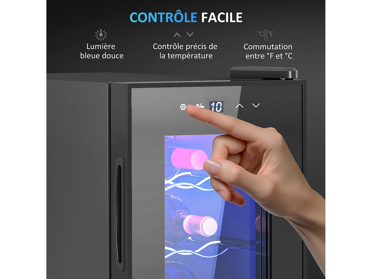 Mini cave à vin 6 bouteilles 17L T.5-18°C éclairage LED écran tactile numérique porte verre anti-UV noir