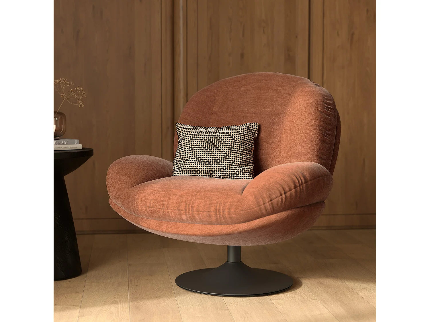 Sillón giratorio de tela efecto terciopelo marrón - Ricci