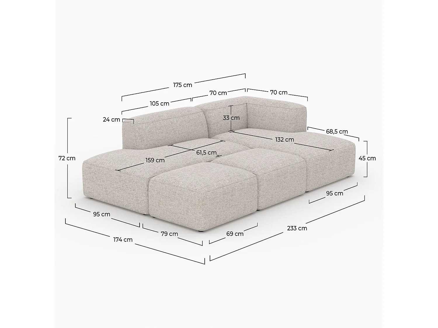 Sofá modular en tela beige de 4 plazas con 2 pufs - Hestia
