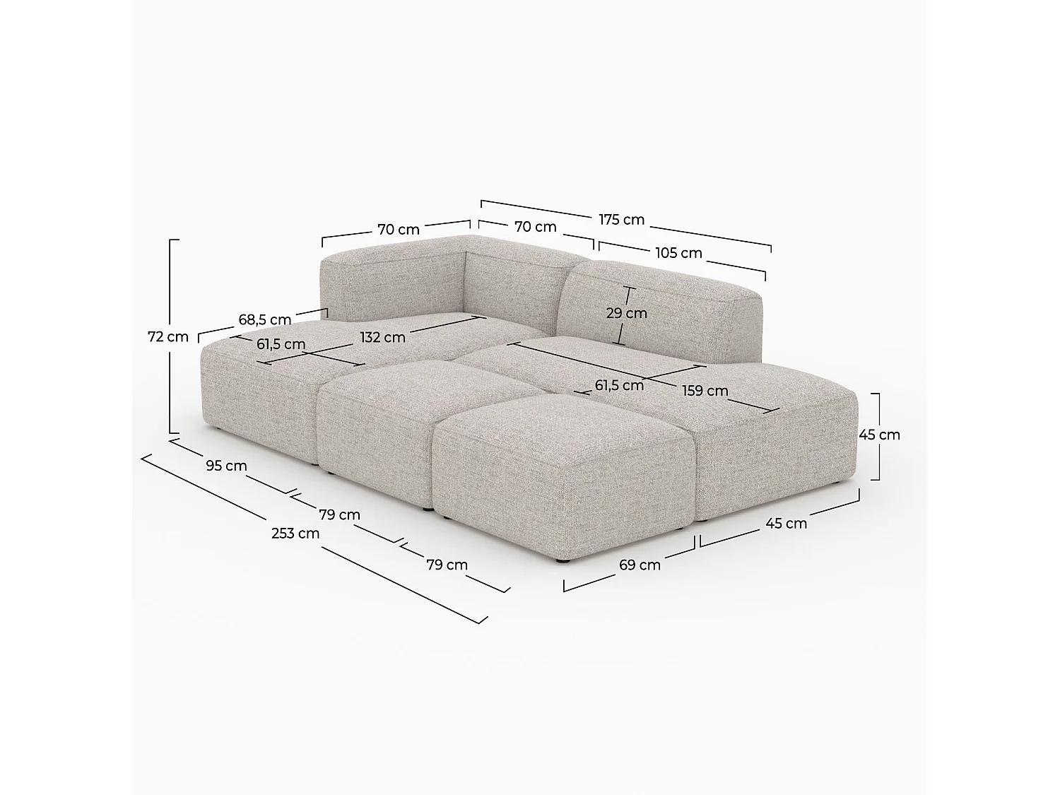 Canapé d'angle gauche modulable, tissu beige 4 places, 2 poufs - Hestia
