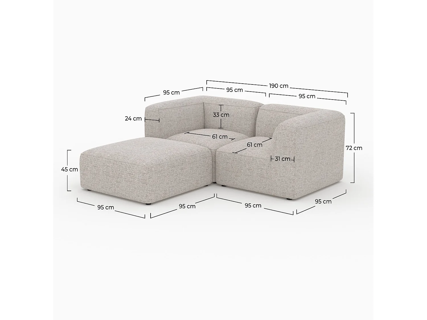 Canapé modulable en tissu beige 2 places avec pouf - Hestia